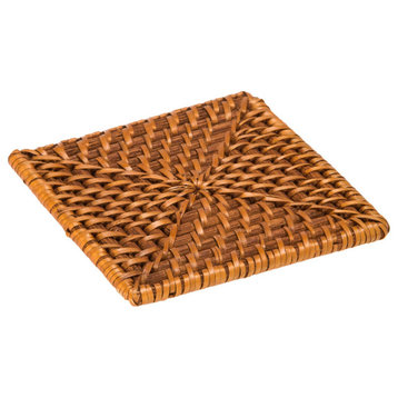 Square Rattan Coasters with Holder, Set of 4