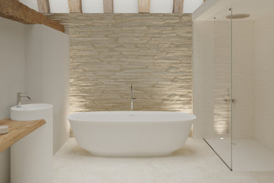 Design ideas for a mid-sized country master bathroom in Melbourne with a freestanding tub, a curbless shower, beige tile, mosaic tile, white walls, porcelain floors, a pedestal sink, wood benchtops, beige floor, an open shower, white benchtops, a single vanity, a freestanding vanity, exposed beam and brick walls.