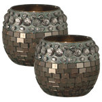 Dale Tiffany - Springdale 4" 2-Piece Egyptian Mosaic Art Glass Candle Holder - This 2 piece Egyptian Candle Holder set will add a touch of glittery shine to any decor style. Matching votive holders each has a base of silvery hazelnut art glass, set in a mosaic pattern. The top of each features a band of glittery silver art glass pebblestones. These lovely candleholders will cast a silvery shower of sparkles about the room when you place a lighted candle inside. Our Egyptian Candle Holder Set makes the perfect gift for yourself or any candle enthusiast that is designed to be enjoyed for a lifetime.