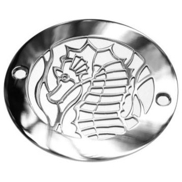 Round Shower Drain, Sea Horse by Designer Drains, Brushed Stainless Steel/Nickel, 4"