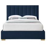 Meridian Furniture - Pierce Linen Textured Fabric Upholstered Bed, Navy, Queen - Give your bedroom a facelift with this Pierce linen textured bed. This queen-size bed features elegant navy linen textured upholstery that runs from its headboard, down its sides to its footboard, adding a sophisticated feel to your space. Deep channel tufting on the super tall headboard adds to its regal look, and it comes with both gold and chrome legs, so you can give it a personalized spin to match your decor preferences.