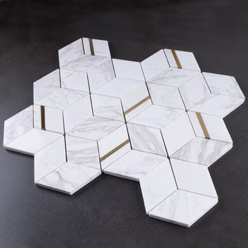 Hexagon Gold And White Marble Tile With Metal Stainless Steel, 10 Sheets