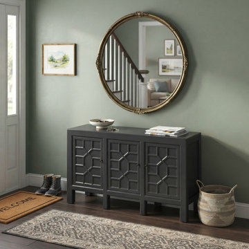 Distressed Gray Lacquer Cross Lattice Pattern Doors Sideboard Console Cabinet ws