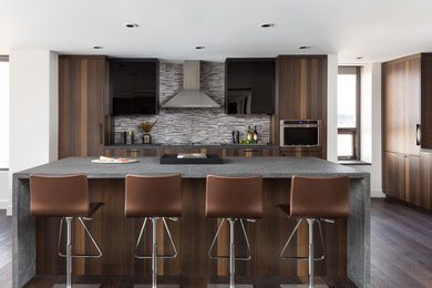 Design ideas for a mid-sized contemporary l-shaped open plan kitchen in Houston with an undermount sink, flat-panel cabinets, dark wood cabinets, granite benchtops, grey splashback, mosaic tile splashback, panelled appliances, dark hardwood floors, with island and black benchtop.