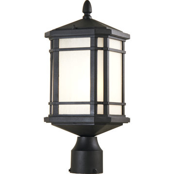 Cardiff 1-Light Outdoor Post Top, Black With Sand Blasted Seedy Glass