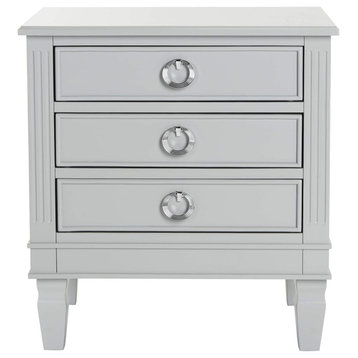 Contemporary Nightstand, 3 Drawers With Elegant Ring Shaped Chrome Pulls, Gray