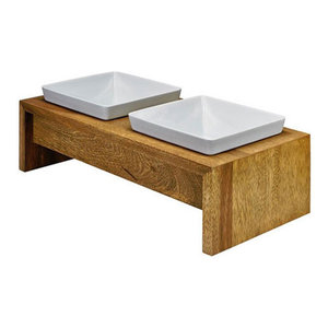 Artisan Rubberwood Double Elevated Dog Bowl Feeder Fossil