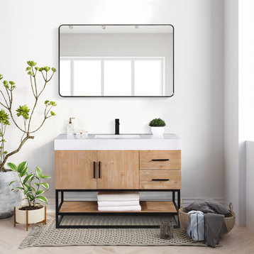 Bianco Bathroom Vanity Composite Stone Top, Light Brown/Matte Black, 48", With Mirror