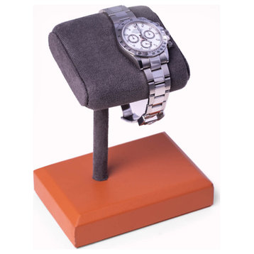 Matte Brown Single Watch Display Stand, Gray Suede CUShion