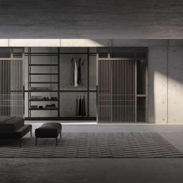 Modern grey and brown bedroom with sliding closet doors