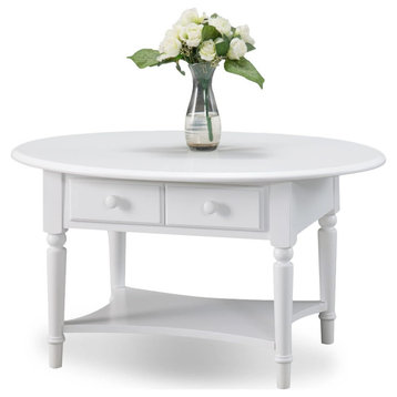 Coastal Coffee Table, Oval Shaped Top With Storage Drawer and Lower Shelf, White