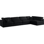 Meridian Furniture - Plush Velvet / Down Standard Comfort L-Shaped Modular Sectional, Black, 5-Piece: 3 Armless Chair, 2 Corner Chair - No matter how big or little the size of your gang, they can all find their sweet spot when you choose pieces from the Plush collection to build your ideal seating group. Choose this individual Plush piece or pair multiple pieces together to get the custom look everyone will love. The soft black velvet material is soft and welcoming to the touch, and the set's cushions are overstuffed with a down and feather blend to provide ample support for tired bodies.
