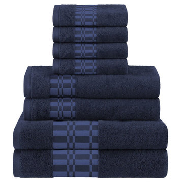 8 Piece Solid Cotton Soft Hand Bath Towel Set, Navy-Blue