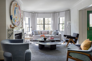 Mid-sized transitional formal and enclosed carpeted, gray floor and wallpaper living room photo in Boston with white walls, a standard fireplace, a stone fireplace and no tv