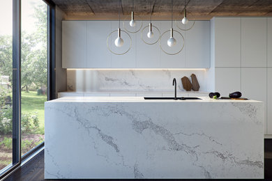 This is an example of a mid-sized contemporary galley kitchen in Sydney with with island, an undermount sink, flat-panel cabinets, white cabinets, quartzite benchtops, stone slab splashback and dark hardwood floors.