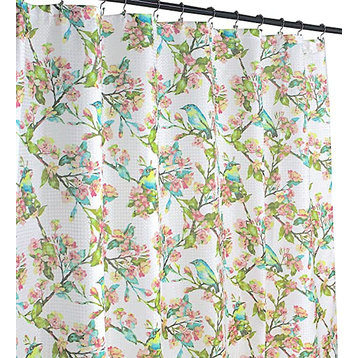 Decorative Spring Fabric Shower Curtain: Colorful Birds and Floral Leaves