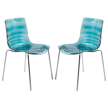 Leisuremod Astor Plastic Dining Chair with Chrome Base, Set of 2, Transparent Blue