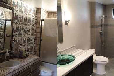 Open shower - mid-sized contemporary kids' brown tile and porcelain tile porcelain tile and gray floor open shower idea in San Francisco with flat-panel cabinets, a one-piece toilet, gray walls and a vessel sink