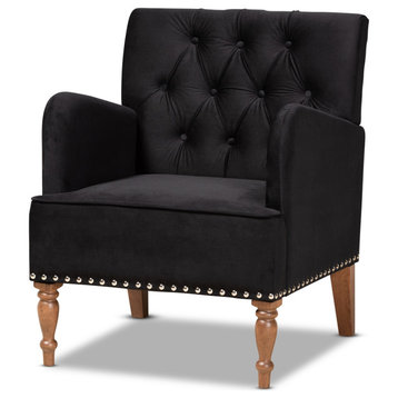 Glam and Luxe Navy Black Velvet Upholstered Walnut Brown Finished Wood Armchair