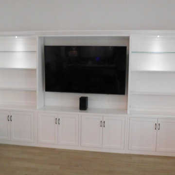 Custom Free Standing Entertainment Center with Glass Top Shelves, Shaker Doors
