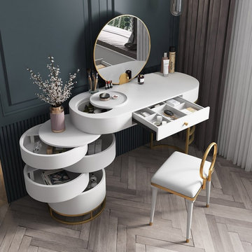 $795.99 White Makeup Vanity Dressing Table with Swivel Cabinet Mirror & Stool In