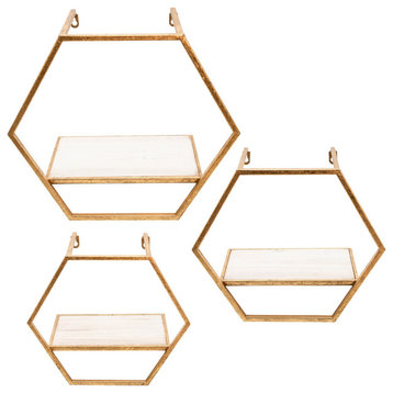 Benzara BM232719 Hexagon Shaped Metal and Wooden Shelf, Set of 3, Gold