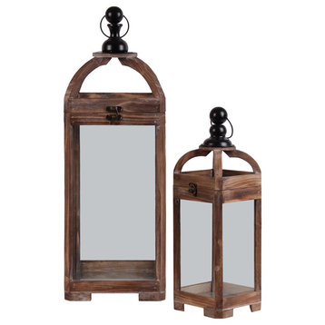 Wood Lanterns With Metal Finial Top, Ring Handle and Glass Body, 2-Piece Set