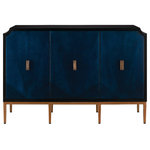 Currey & Company - Kallista Cabinet - Hello gorgeous is what everyone will be saying to the Kallista cabinet with its amped-up personality resulting from the dark sapphire finish enlivening the sycamore veneers on its door fronts! The wood grains bring the cabinet a hint of distressing that is juxtaposed against the sleek lines of the base in an antique brass finish and the glossy caviar black finish on the cabinet"s exterior. The door pulls echo the lines in the woodgrain, a slight of hand our designers are so adept at producing. The Kallista measures 54" wide by 19" deep by 36" high. Design details include soft-close door hinges, three adjustable shelves and adjustable glides.