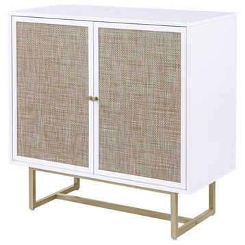 Modern Storage Cabinet, 2 Cane Doors With Adjustable Shelves, White/Brass/Cane