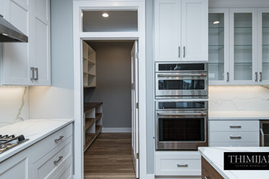 Example of a minimalist kitchen design in Other with white cabinets, white backsplash, stainless steel appliances and an island