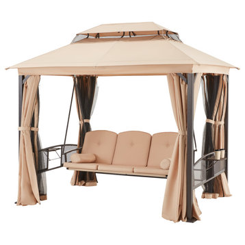 HOMREST 3-Seat Outdoor Porch Swing,Gazebo Swing with Double Tier Canopy(khaki)