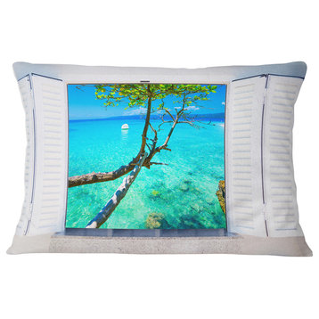 Open Window to Gorgeous Seashore Modern Seascape Throw Pillow, 12"x20"