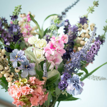 Living Rooms with Nearly Natural Silk Florals - Lavender and Hydrangea arrangeme