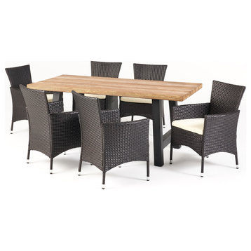 GDF Studio 7-Piece Gina Outdoor Dining Set With  Concrete Table, Natural Oak/Bla
