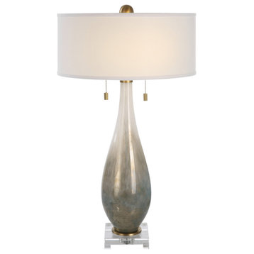 Elegant Smoky Bronze White Art Glass Table Lamp 32 in Tall Pull Chain Gray Brass