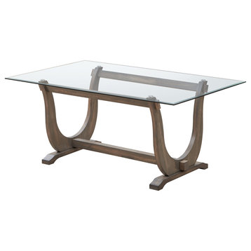 Benoit 71" Rectangular Dining Table, Gray Wood and Clear Tempered Glass