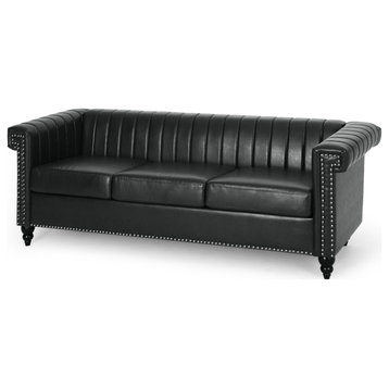 Elegant Sofa, PU Leather Seat, Rolled Arms & Dazzling Nailhead, Midnight Black