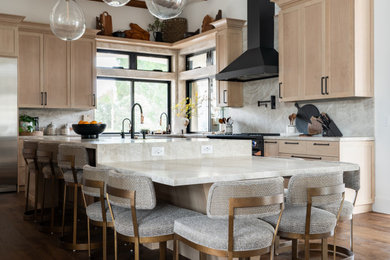 Kitchen - transitional l-shaped brown floor, exposed beam, shiplap ceiling and dark wood floor kitchen idea in San Diego with shaker cabinets, light wood cabinets, marble countertops, marble backsplash, an island, gray backsplash and gray countertops