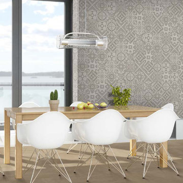 Eclectic dining room with decorative porcelain tile wall