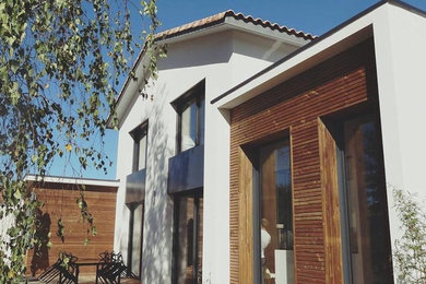 Cette photo montre une grande façade de maison blanche tendance à un étage avec un revêtement mixte.