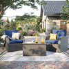 Corliving Wicker 3 Pc Patio Set with Table and 2 Patio Chairs, Charcoal and Blue