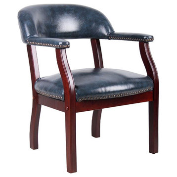 Scranton & Co Modern Vinyl Faux Leather Captains Chair in Blue/Mahogany