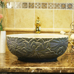 Hand carved grey lotus ceramic sink - Bathroom Sinks