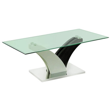Coffee Table, Unique Curved V-Shaped Base With Glass Top, White/Dark Grey