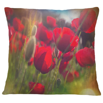 Thick Red Poppy Flowers Floral Throw Pillow, 16"x16"