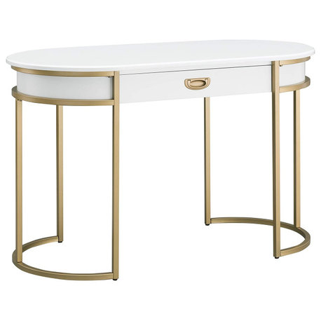 Modern Desk, Oval Shaped Body & Center Storage Drawer, Cottage/White Gold