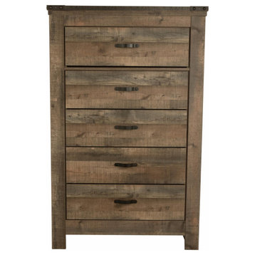 Rustic Vertical Dresser, Large Drawers With Industrial Curved Metal Pulls, Brown