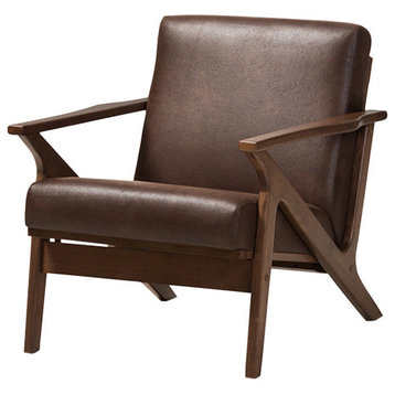 Bianca Modern Walnut Wood Dark Brown Distressed Faux Leather Lounge Chair