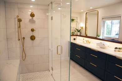 Large transitional master ceramic tile cement tile floor and double-sink bathroom photo in DC Metro with a two-piece toilet, an undermount sink, quartz countertops, a hinged shower door, white countertops, a built-in vanity and blue cabinets