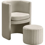Meridian Furniture - Selena 2-Piece Velvet Accent Chair and Ottoman Set, Cream - Create a chic atmosphere with this Selena Cream Velvet Accent Chair. This handsome chair has a fun barrel design that lends contemporary charm to a bedroom, living room or sitting room. The chair and matching included ottoman are covered top to bottom in plush velvet for a sumptuous look. Channel tufting adds a visually exciting finish to this elegant pair.